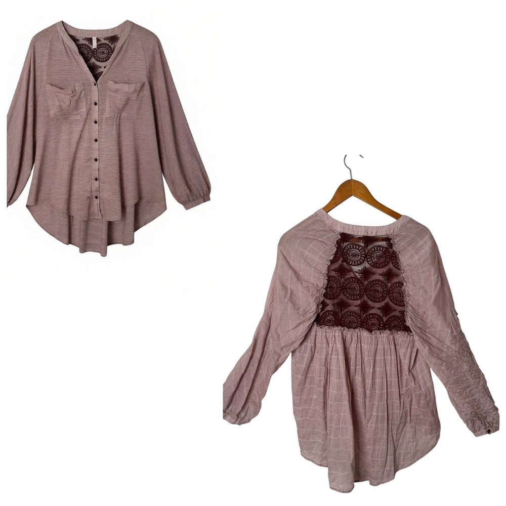 Free People Crochet Lace Back Top Pintuck Pleat Tunic Womens S Burgundy BOHO